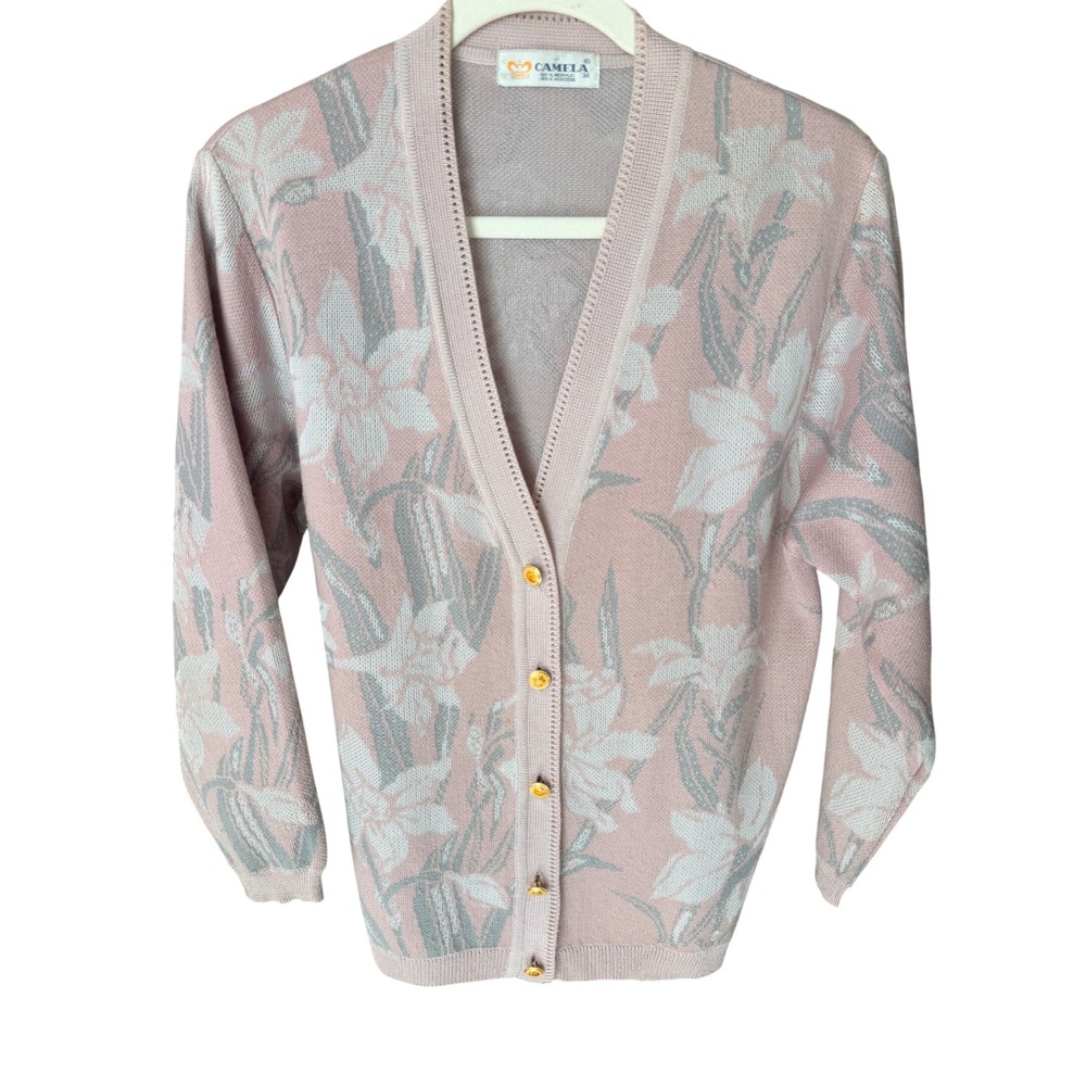 Camela Floral Knit Cardigan Vintage 80s Pink Size 34